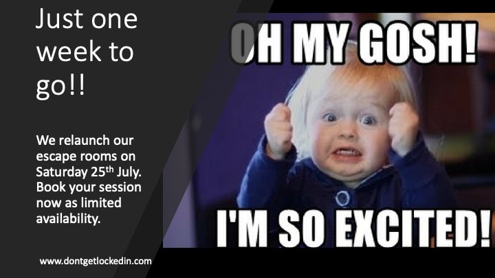 dontgetlockedin's tweet photo. Limited weekend availability for our reopening weekend:

Saturday 25th July
Extortion -3pm &amp; 5pm available
Gin &amp; Panic -3pm &amp; 5pm available

Sunday 26th July
Extortion -1pm &amp; 7pm available
Gin &amp; Panic -1pm &amp; 7pm available

📞 Give us a call to book on 0333 242 7357 or book online https://t.co/AyyYjIY4gI