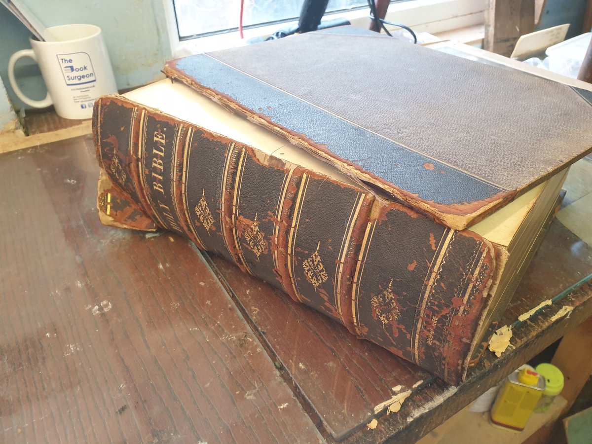 TheBookSurgeon's tweet photo. Not all restorations go to plan unfortunately. Some spine removals compare to stripping wall paper!  So a completely new spine has to made. All gold lettering done by hand. Customer very happy. Precious Books Bound for Life. https://t.co/JTCC9BZILo