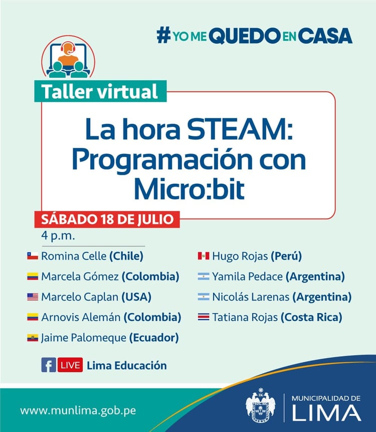 ¡Hoy sábado 18 de julio! ¡18hs Arg 🇦🇷! Damos una clase abierta sobre #microbit para toda la familia a través de #LaHoraSteam. Se transmite por el facebook de <a href="/MuniLima/">Municipalidad de Lima</a> #limaeducación