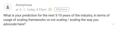 gasproni's tweet photo. @lukadotnet Q: What is your prediction for the next 5-10 years of the industry, in terms of usage of scaling frameworks vs not scaling / scaling the way you advocate here?
https://t.co/yw6QIys6RQ
#XP2020 #AgileAtScaleGP https://t.co/gNxPFmRKvc
