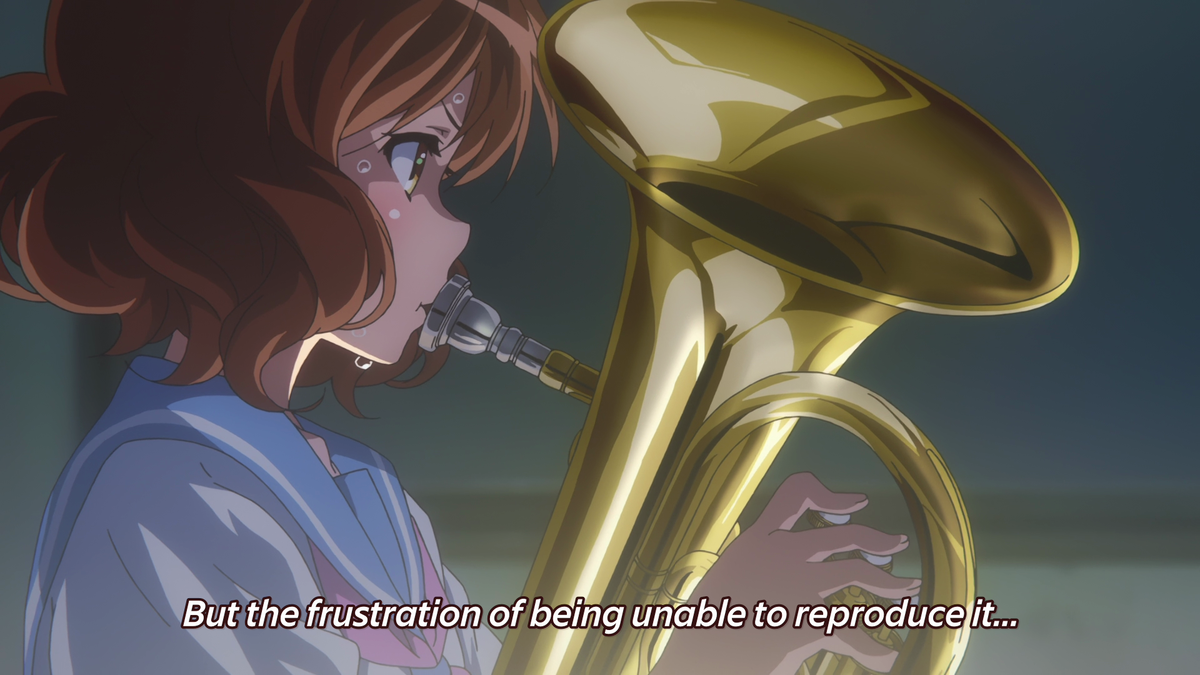 Just taking this time to point out KyoAni's astonishing attention to detail here, between the lighting, the hair, the instrument, fingerings, the emphasis on character acting, the drive you see in Kumiko's eyes, everything just looks perfect!