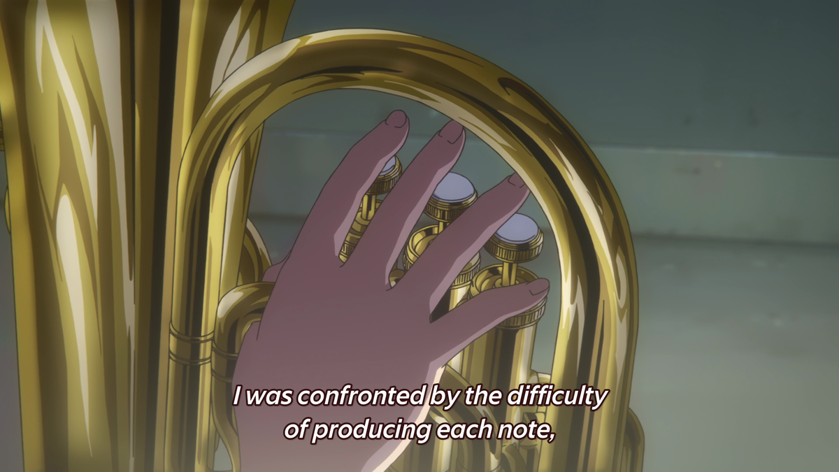 Just taking this time to point out KyoAni's astonishing attention to detail here, between the lighting, the hair, the instrument, fingerings, the emphasis on character acting, the drive you see in Kumiko's eyes, everything just looks perfect!