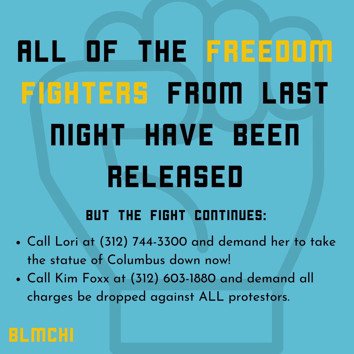 BLMChi's tweet photo. Today’s calls to action:🚨⚠️🔊 1) Call Lori and tell her to take down the statue of Columbus! 2) Call Kim Foxx and tell her to drop all charges against protesters! #DecolonizeZhigaagoong #DefundCPD https://t.co/hHYjeaJ74d