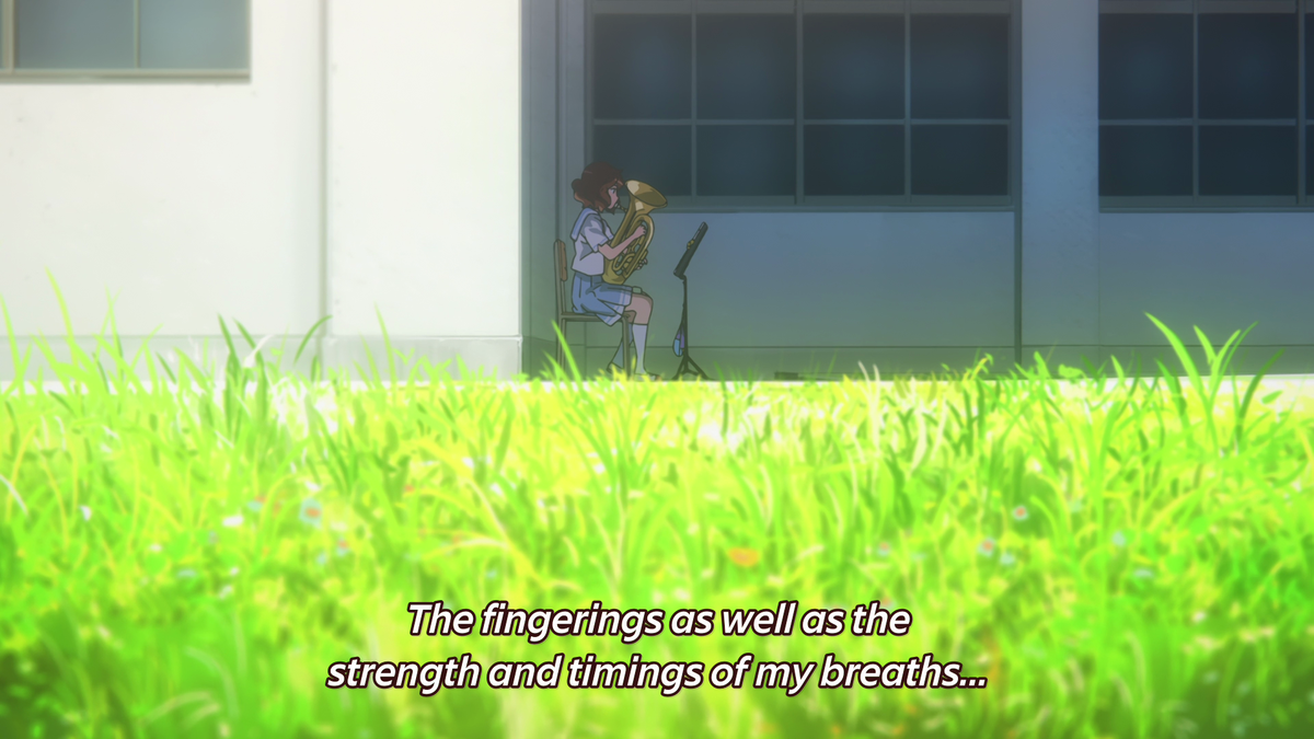 Grass overtakes the screen, the desire for growth is becoming overwhelming, but this emphasis on grass is also pushing Kumiko upwards in the frame which also reflects the pressure building as she's trying to improve her skills.