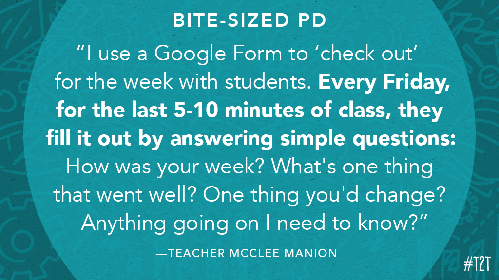 teacher2teacher's tweet photo. Five minutes can make a world of difference for Ss, reminds T @heymrmanion. #BiteSizedPD #InstantPD #edchat https://t.co/M1zB63KItX