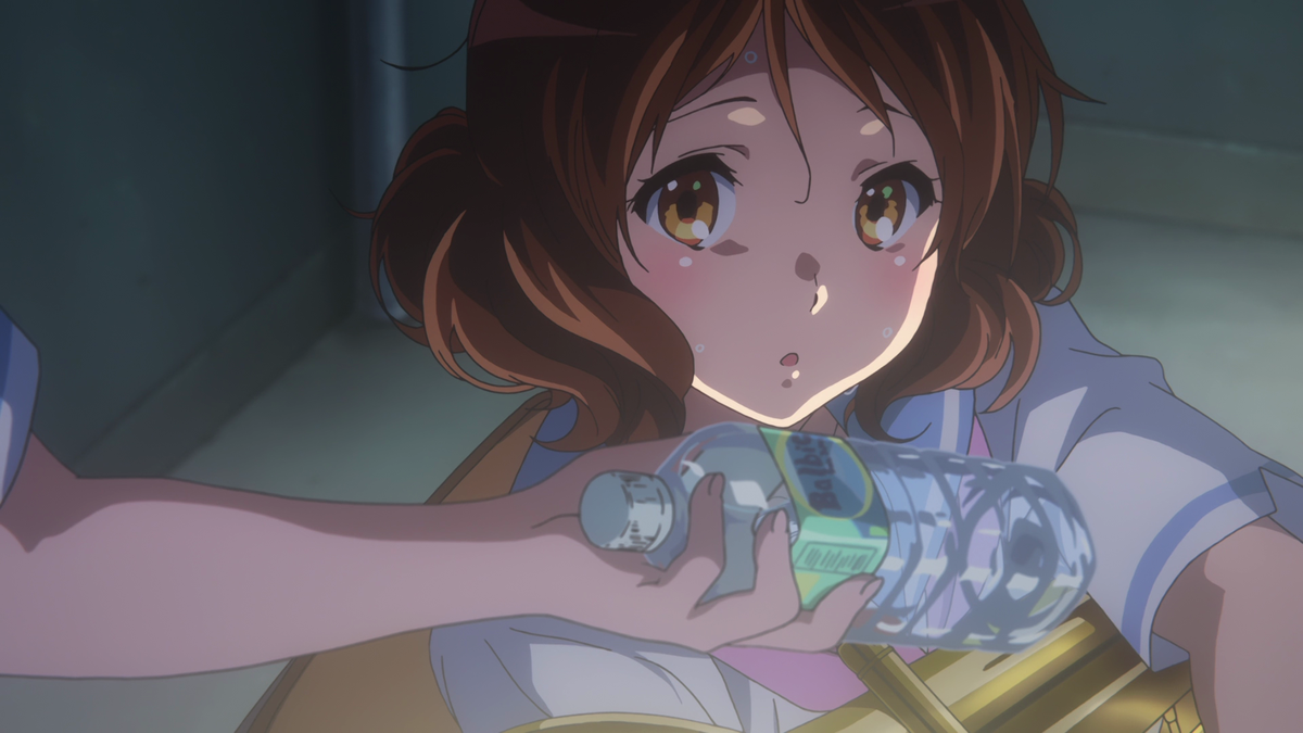 Kumiko isn't letting anything stop her! Her drinking water acts as a revitalization so that she won't suffer from a nosebleed from before that might inhibit her practice. She's going all in so she can shine just like Reina.
