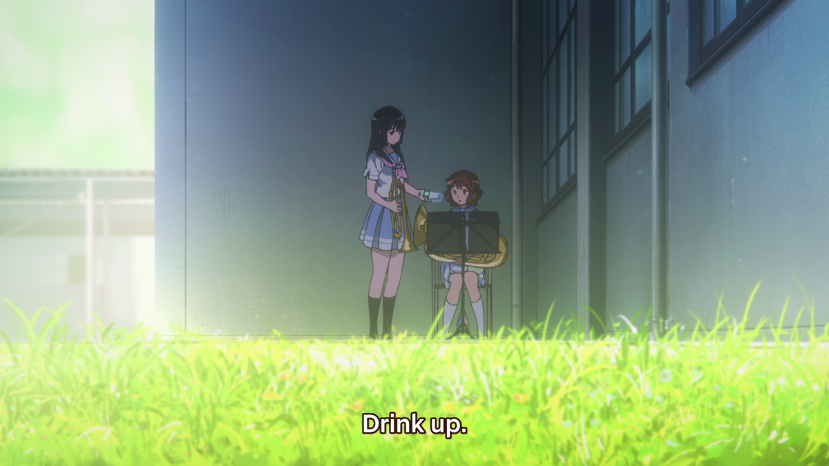 Kumiko isn't letting anything stop her! Her drinking water acts as a revitalization so that she won't suffer from a nosebleed from before that might inhibit her practice. She's going all in so she can shine just like Reina.