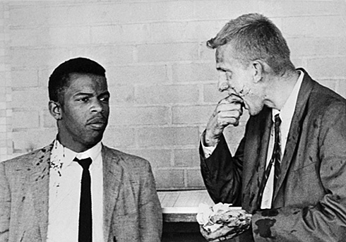 The image of John Lewis I carry in my head is this one, from 1961, with fellow SNCC activist Jim Zwerg after the two were beaten in Montgomery, Alabama. Bloody but unbowed.