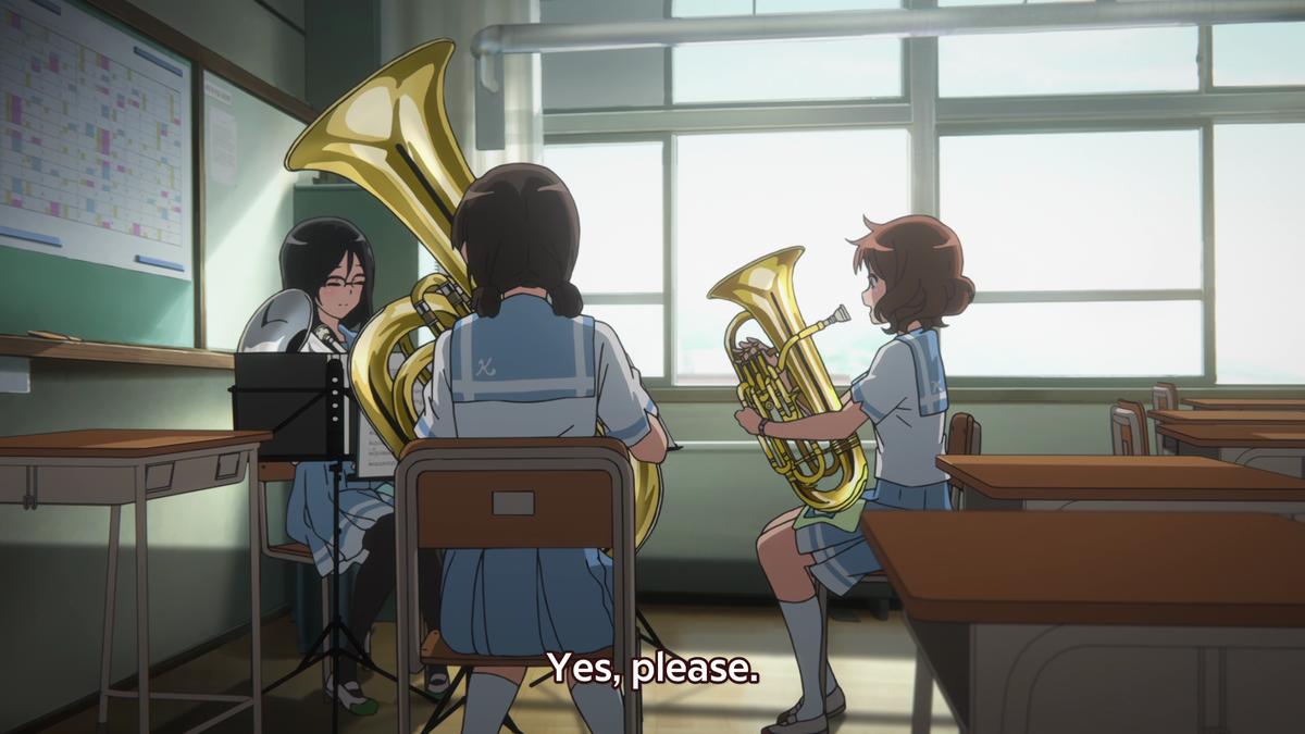 It's acknowledged that Kumiko has improved, but, once again again again, the box imagery appears with the shot from outside the classroom looking slightly down on Kumiko. She may have improved, but it's still not enough, she's still below the literal bar being created by the box.