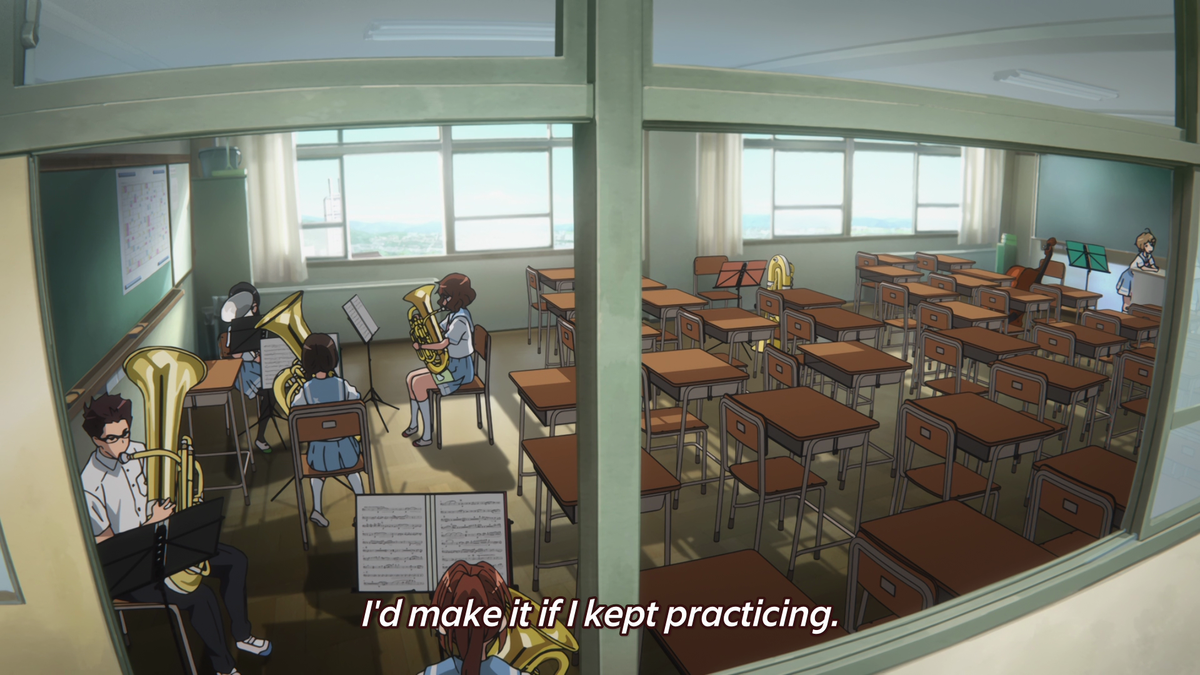 It's acknowledged that Kumiko has improved, but, once again again again, the box imagery appears with the shot from outside the classroom looking slightly down on Kumiko. She may have improved, but it's still not enough, she's still below the literal bar being created by the box.