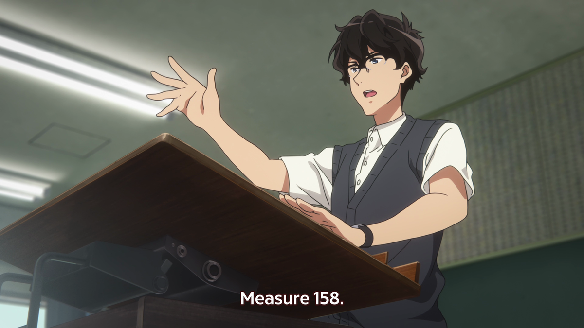 Kumiko being confined between Asuka and her euphonium shows how Kumiko still isn't up to par with the others. Taki takes note of this and asks Asuka to play the part alone.