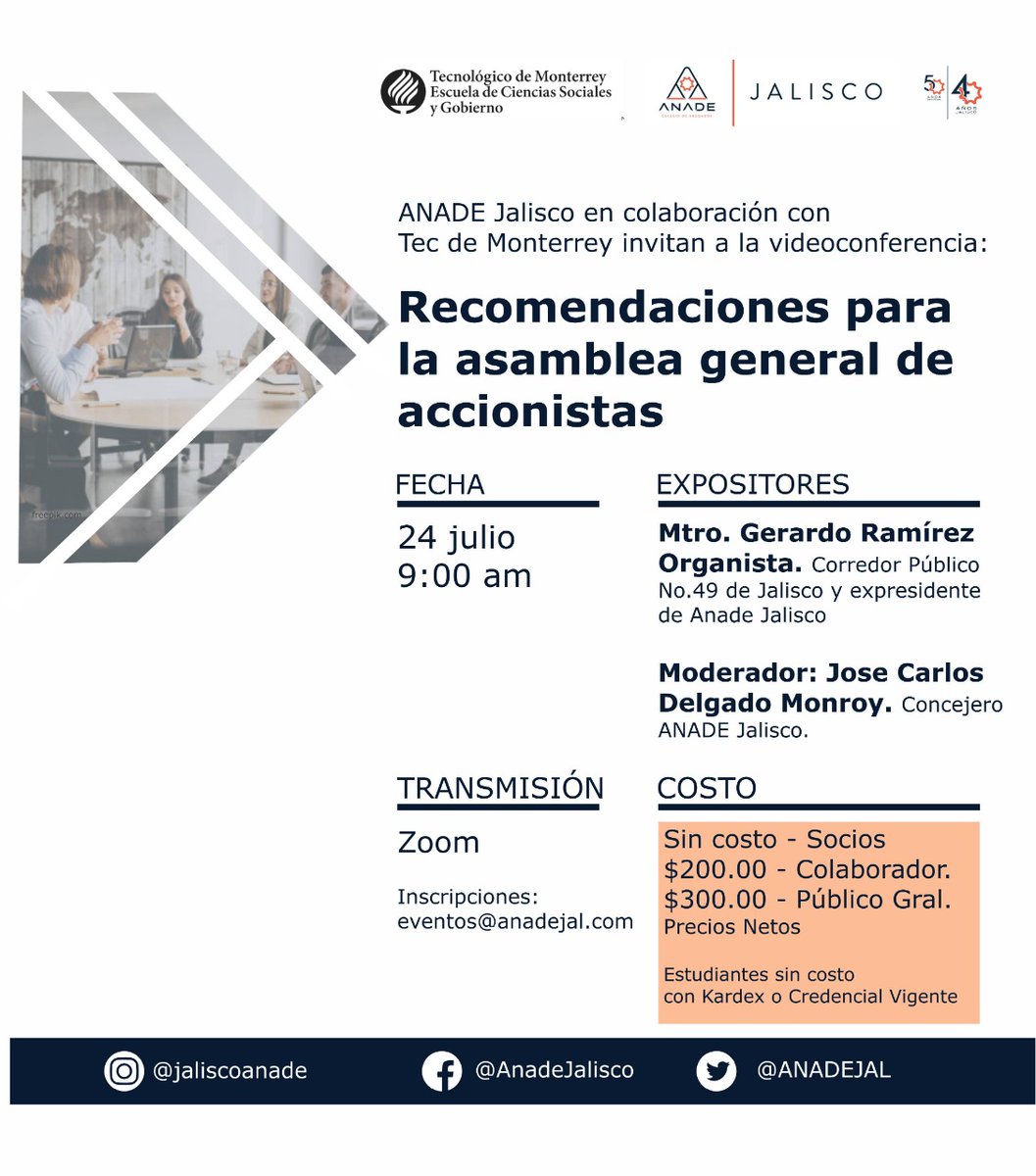 pelizalde32's tweet photo. Invitamos a todos los estudiantes de la carrera de Derecho del @TECcampusGDL al taller sobre la elaboración de asambleas generales de accionistas. El taller tendrá lugar este viernes 24 de julio a las 9:00 am. Evento gratuito para estudiantes de nuestra institución. https://t.co/ECyePCeHqZ