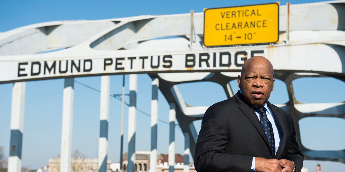profpido's tweet photo. The Edmund Pettus Bridge. Pettus was a grand dragon in the KKK. Just like today, Lewis, along with hundreds of protesters, were violently beaten in 1965 on Bloody Sunday there. Rename it the John Lewis bridge alone with a hundred other bridges, buildings, and streets. https://t.co/CLCZPcsvDL