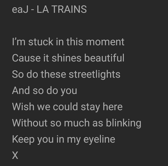 Jadi, pertama,LA TRAINS was about wanting to stay in a spesific period of time.Kenapa sih kok lyricsnya dijadiin X? Kenapa ga dari awal dikasih tau? Karena itu kunci biar bisa stay di suatu waktu tertentu.Iya, Kronos si dewa waktu harus mati biar waktu berhenti selamanya.