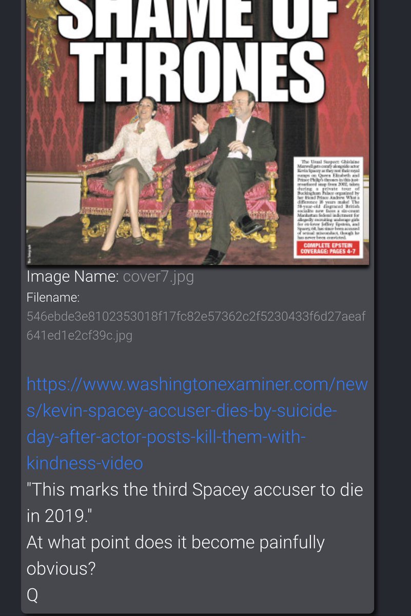 4590- https://www.washingtonexaminer.com/news/kevin-spacey-accuser-dies-by-suicide-day-after-actor-posts-kill-them-with-kindness-video"This marks the third Spacey accuser to die in 2019."At what point does it become painfully obvious? Q