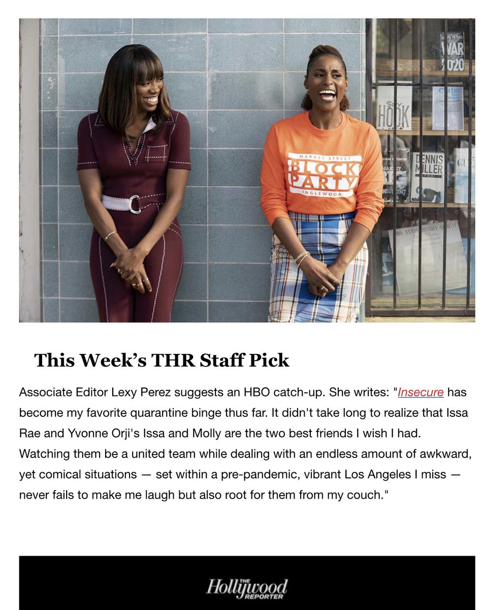 LexyJPerez's tweet photo. Officially made my debut in @TheFienPrint ‘s THR #NowSeeThis newsletter and of course I’m raving about #InsecureHBO  😎💃🏽 if you haven’t watched it, watch it!!! https://t.co/VtfnVfQthG