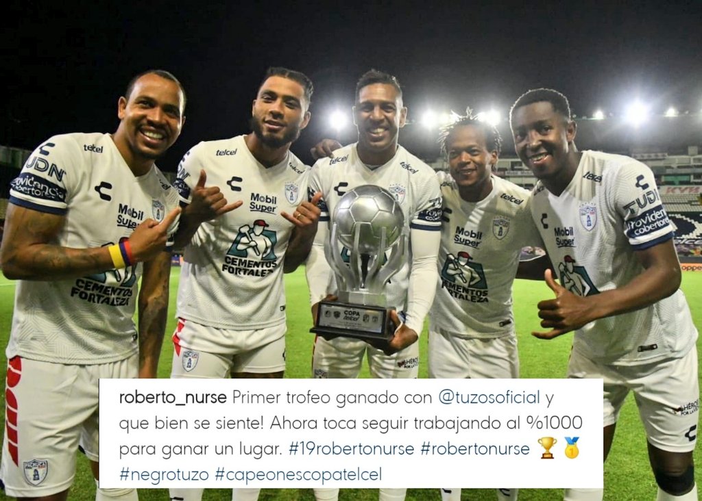 deportes_rpc's tweet photo. ¡El primer trofeo con los 'Tuzos' 🇵🇦⚽🇲🇽!

El panameño Roberto Nurse con la #CopaTelcel, torneo amistoso que le ganó Pachuca a León en penales.

Nurse aún no debuta con su nuevo equipo y dejó un mensaje: "Ahora toca seguir trabajando al 1000% para ganar un lugar". #LegionariosRPC https://t.co/pn4QVzFWqz