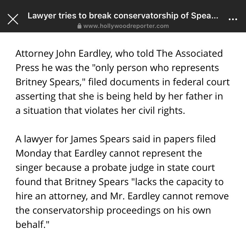 Mr. Eardley attempted to take Britney's case from state court to federal court saying she was denied her civil rights. The U.S. District court said he couldn't represent Britney because they already said she couldn't choose her own lawyer. The case was dismissed.  #FreeBritney