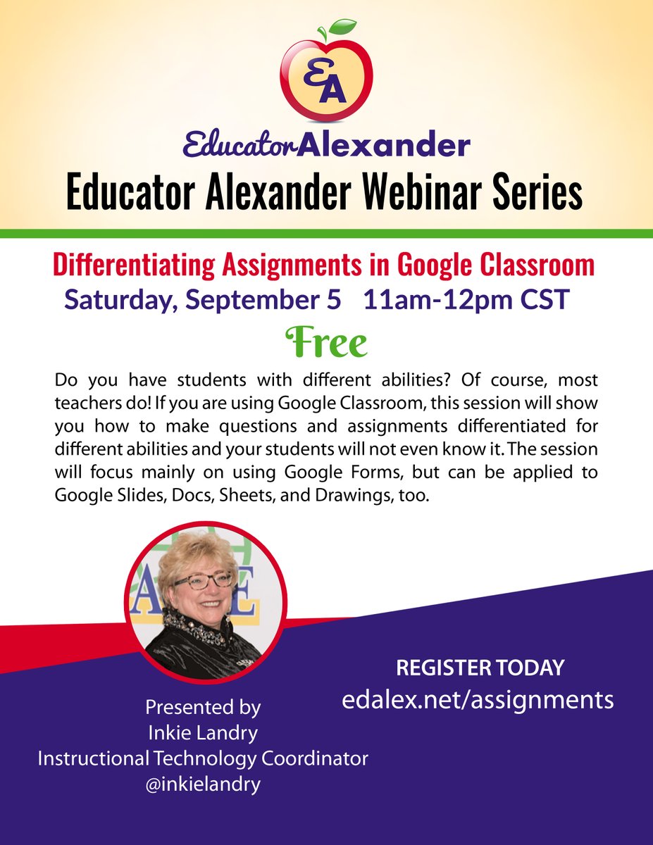 NEW WEBINAR ALERT

Differentiating Assignments in Google Classroom

Sat., September 5 at 11am central

Register: edalex.net/assignments

#GoogleET #GoogleEI #GoogleEDU #GooglePD #GEG 
<a href="/globalgeg/">Global GEG</a> <a href="/nyc19/">abigail</a> #ISTE #TCEA #FETC #CUE #LACUE #ecet2 #LeadUpChat #edchat #education #teaching