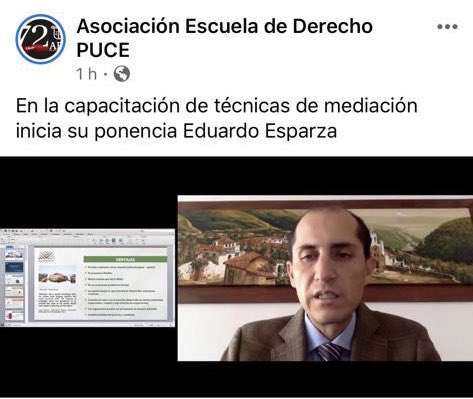Nuestro Asociado Eduardo Esparaza acaba de exponer en el seminario organizado por la Asociación Escuela de Derecho de la <a href="/PUCE_Ecuador/">PUCE Ecuador</a> sobre “La Mediacion en el Comercio Internacional"