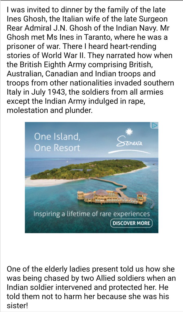 Here's an account from the Italian city or Taranto. When an Indian Navy ship berthed there in 1967, the locals warmly welcomed Indian sailors.One woman narrated how she was being chased by 2 allied soldiers & got saved by an Indian who intervened & said she was her sister.