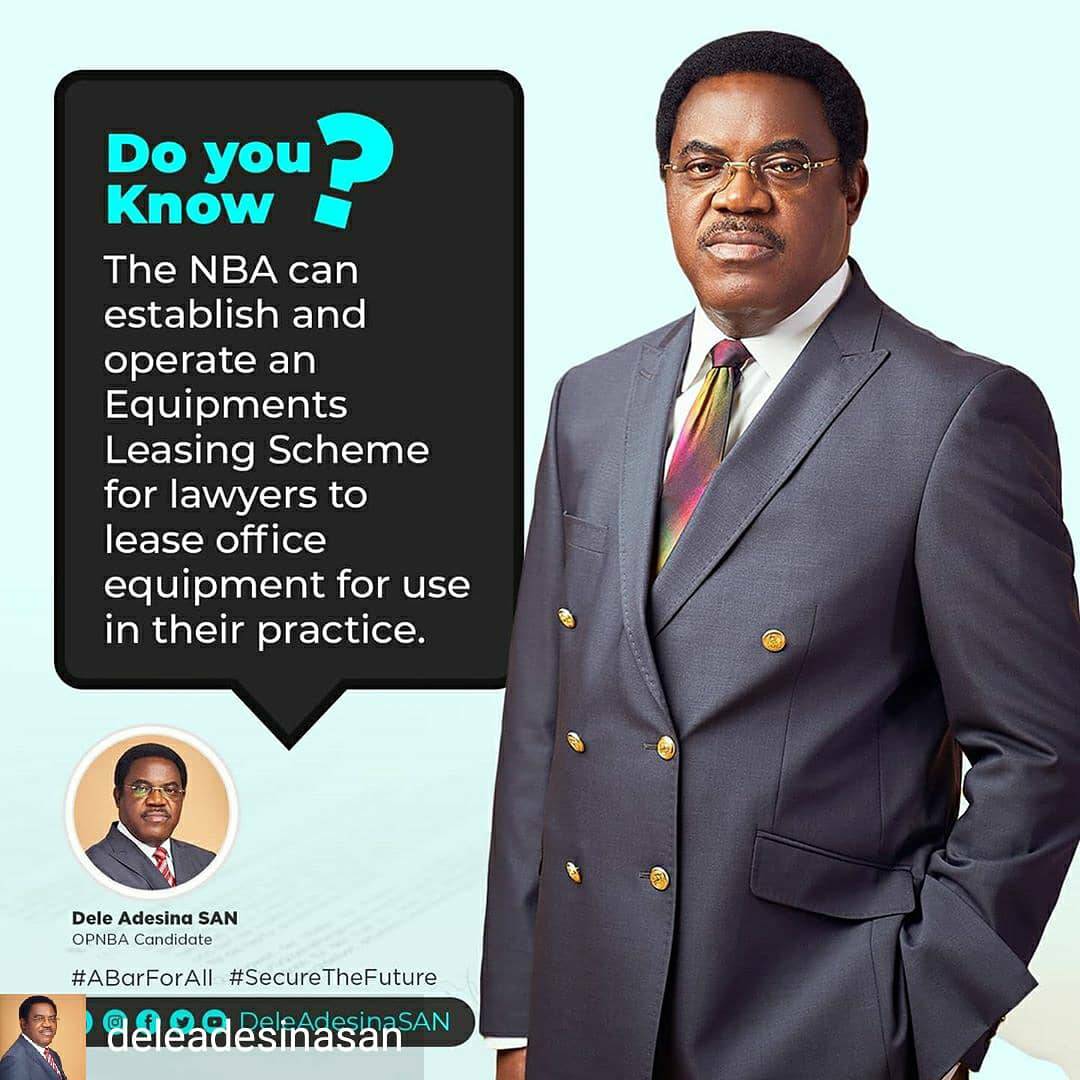 DFHappys's tweet photo. Do you know as a young lawyer, you can get access to an Equipments Leasing Scheme to help set-up and support your practice.
#WhyDASAN #ABarForAll #dasanfornba #securethefuture #nigerianlawyers #deleadesinafornbapresident https://t.co/GiYUProdPF