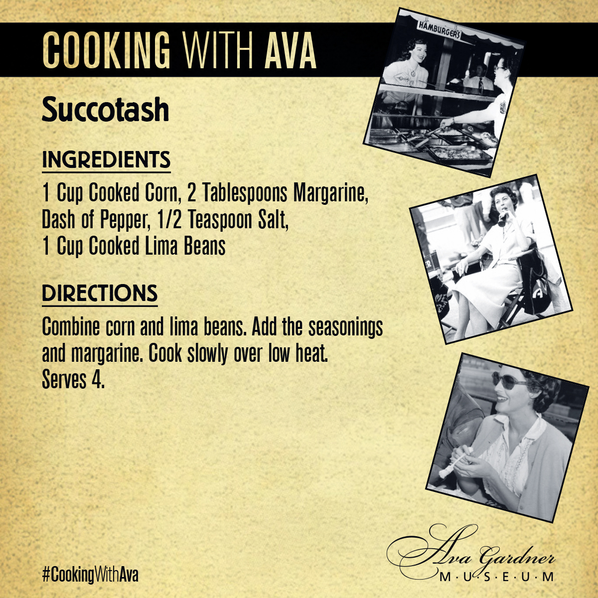 AvaMuseum's tweet photo. Get #CookingWithAva with this simple side dish this weekend. This recipe is marked in family cookbooks as being one of #AvaGardner's favorites!
#AvaAtHome #MuseumFromHome #Succotash #TCMParty #VisitJoCo https://t.co/EByw1ZFdnC