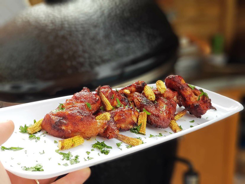 Monolithgrilluk's tweet photo. The Monolith LeChef rotisserie in action. Chicken wings and  bbq baby corn with butter by Martin Sviba 🔥🙌🔥 https://t.co/jQ75u5lCj2