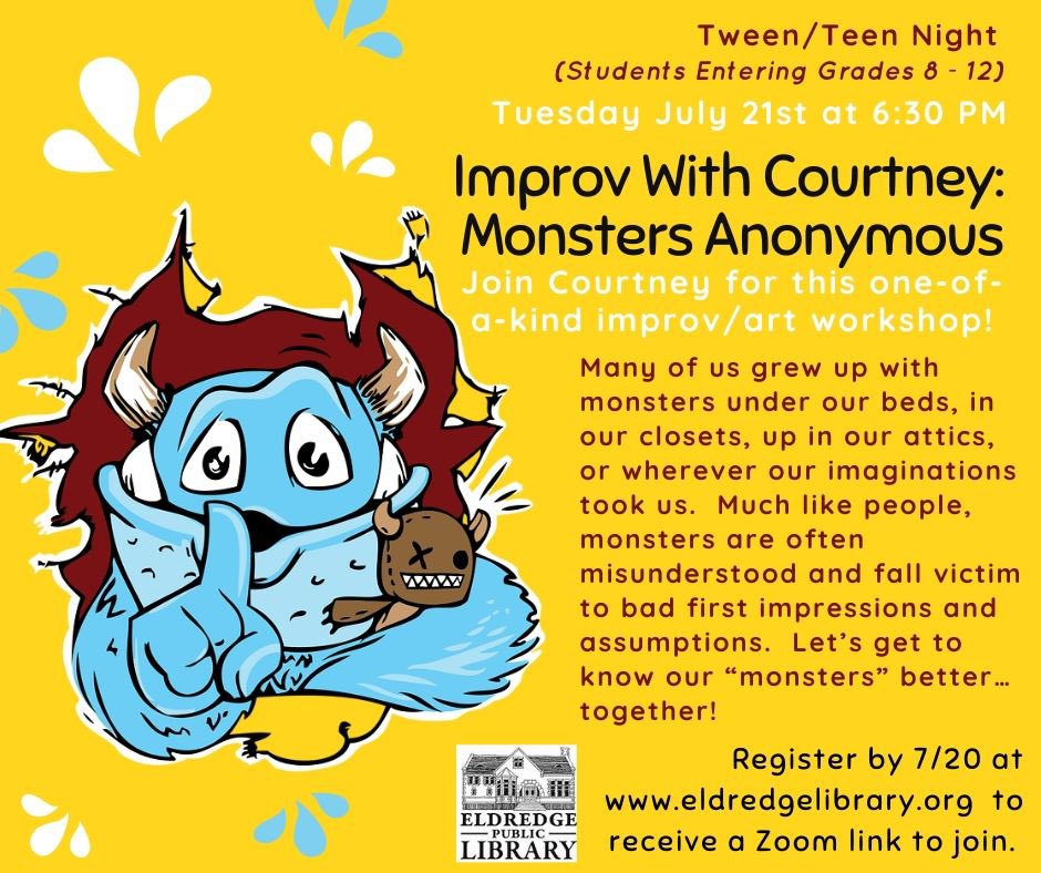 EldredgeLibrary's tweet photo. We have another great Teen Night planned for Tuesday, July 21st! Don’t miss out on the fun @EldredgeLibrary #imagineyourstory https://t.co/s67T6dTwb8