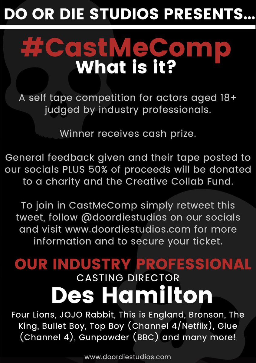 DoorDieStudios's tweet photo. Our next CastMeComp will be judged by Casting Director DES HAMILTON (@DesHCasting). Our ‘first to know’ have grabbed the pre sale tickets but general sales are now available at https://t.co/B41VjoYJUi https://t.co/JZ59OctCxU
