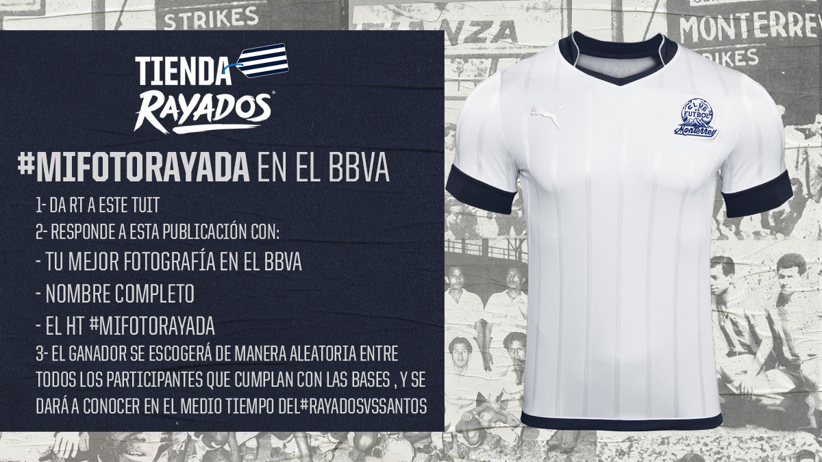 Rayados's tweet photo. 🎁 | ¡Gánate con #TiendaRayados un jersey #75AñosRayados versión manga corta! 👕

📲 Envíanos tu mejor foto en el Estadio BBVA 🏟 con el HT #MiFotoRayada y participa por él.

El ganador se anunciará al Medio Tiempo del #RayadosVSSantos 🤠

#ArribaElMonterrey
#75AñosRayados 💙⚪️ https://t.co/oVm9w1ZIAz