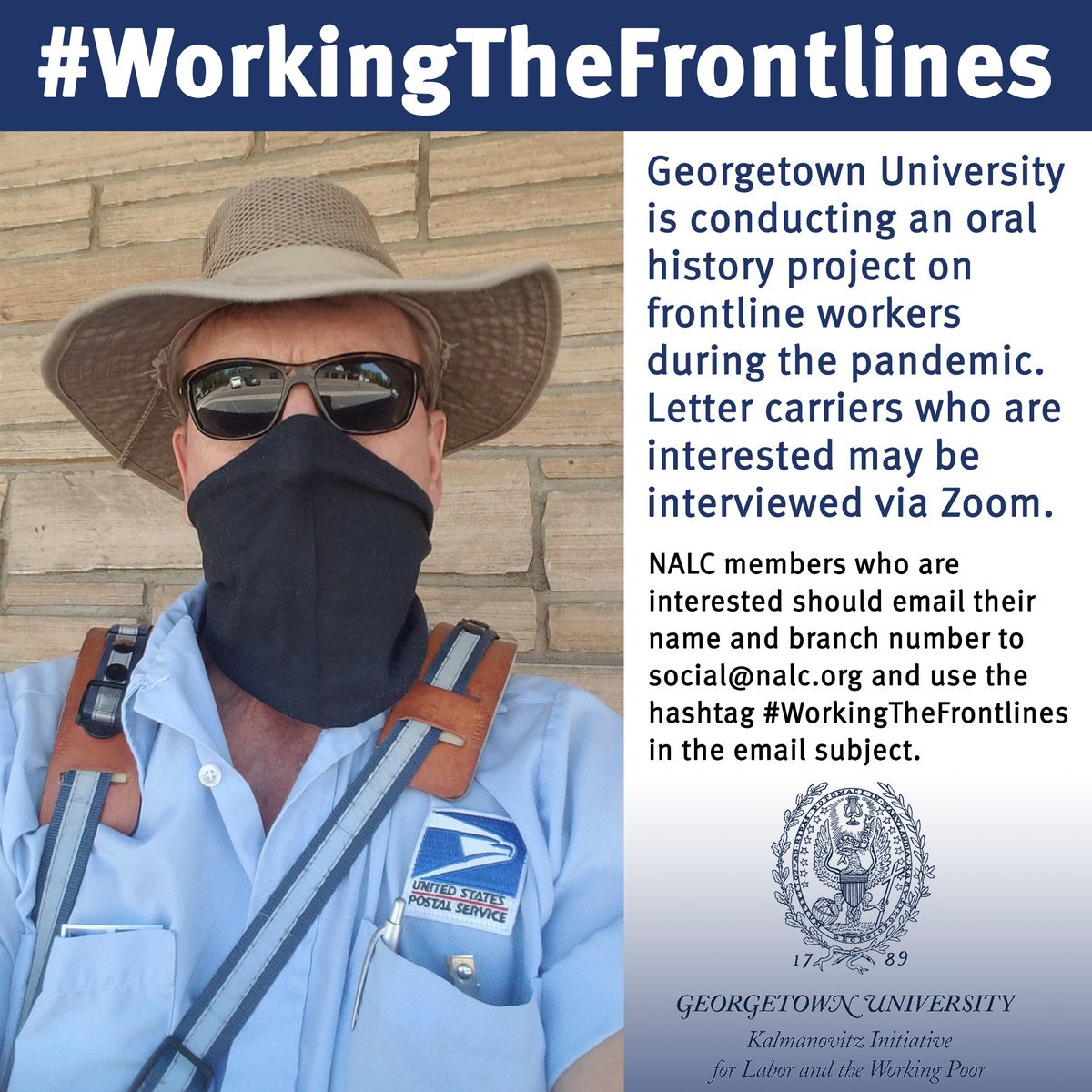 NALC_National's tweet photo. Do you want to share your story for an oral history project about letter carriers as frontline workers? @GeorgetownKILWP will be conducting interviews to document how the job of carriers has changed amid the pandemic. Email name & branch to social@nalc.org. #WorkingTheFrontlines https://t.co/dMqE0AJIwD