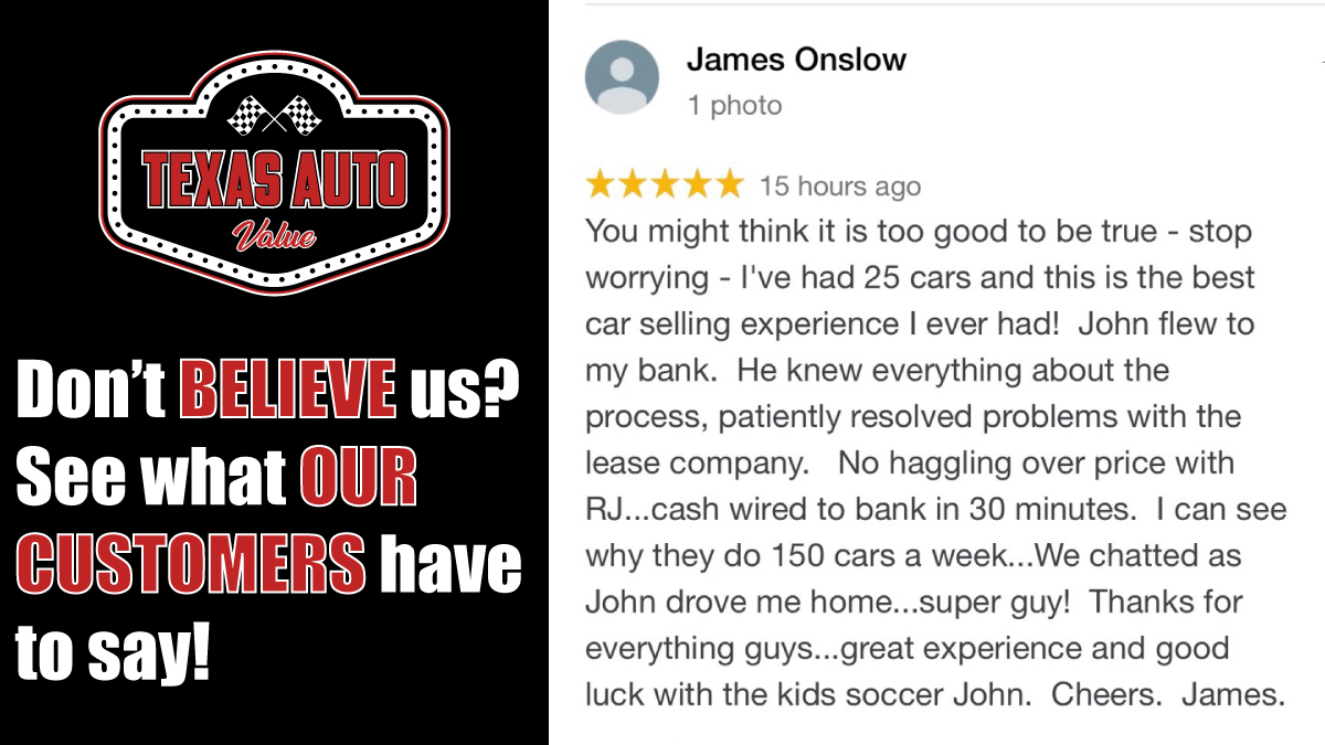 TexasAutoValue's tweet photo. We will give you SAME DAY CASH for your low mile, good quality vehicle! Do you not believe us? See what our customers have to say!

Tell us about your car at https://t.co/v5Zvg1XVGX https://t.co/fL9Qb9ULAr
