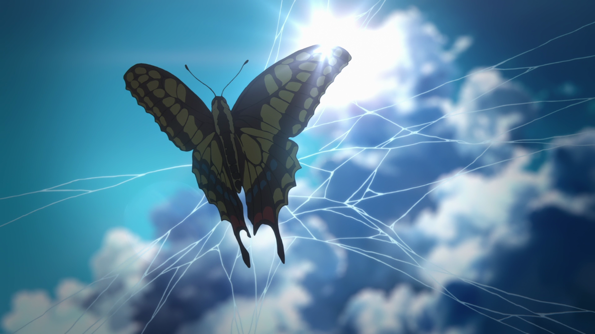 The butterfly imagery appears again! This time is symbolizes how Kumiko's change and metamorphosis has been halted. She feels as if she's unable to grow and improve like she's caught in a web. This is KyoAni's perfect use of visual symbolism at its finest
