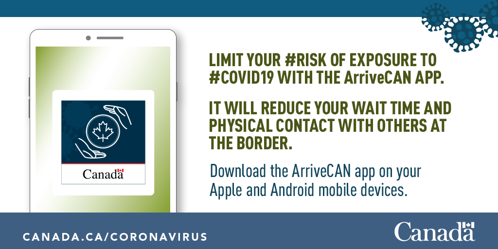 All travellers entering Canada are required to provide mandatory information about #COVID19.

Download the ArriveCAN app and submit before you arrive to reduce wait times at the border:
ow.ly/oFXQ50AAfKv