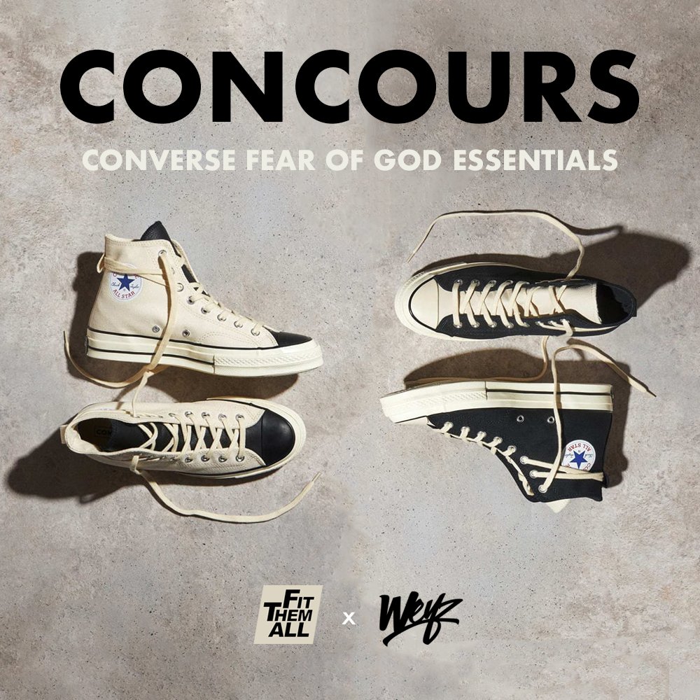 FitThemAll's tweet photo. 🎁 CONCOURS!!!!!! 🥁 🎁

GAGNE TA PAIRE DE CONVERSE FEAR OF GOD (black ou white) + 150€ DE BON D'ACHAT CHEZ @WEYZCLOTHING! 🥰

POUR PARTICIPER:
- SUIS @WEYZCLOTHING &amp; @FITTHEMALL
- RT CE TWEET
- COMMENTE TA POINTURE ET COULEURS DE TON CHOIX(Ex: 40 black)✔️

Résultat le 25/07! 🍀 https://t.co/HUPUJoqBs1