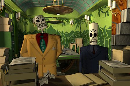 GRIM FANDANGOSorti en 1998 (remasterisé en 2015), ce jeu d’aventure au pays des morts est le 1er basé sur le moteur GrimE qui permet un affichage des objets & personnages en 3D en surimpression sur des décors statiques.Une vraie pépite, une belle histoire avec Manny Calavera 