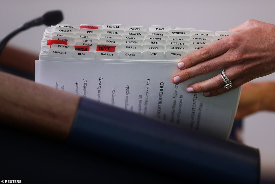 1/9 The Lies She TellsA Reuters photographer captured a rare look at the inside of Kayleigh McEnany's mind... through the private stash of lies and canned responses she keeps in a tabbed binder during her carefully staged "press conferences". #OneVoice1  #DemCast  #GeeksResist