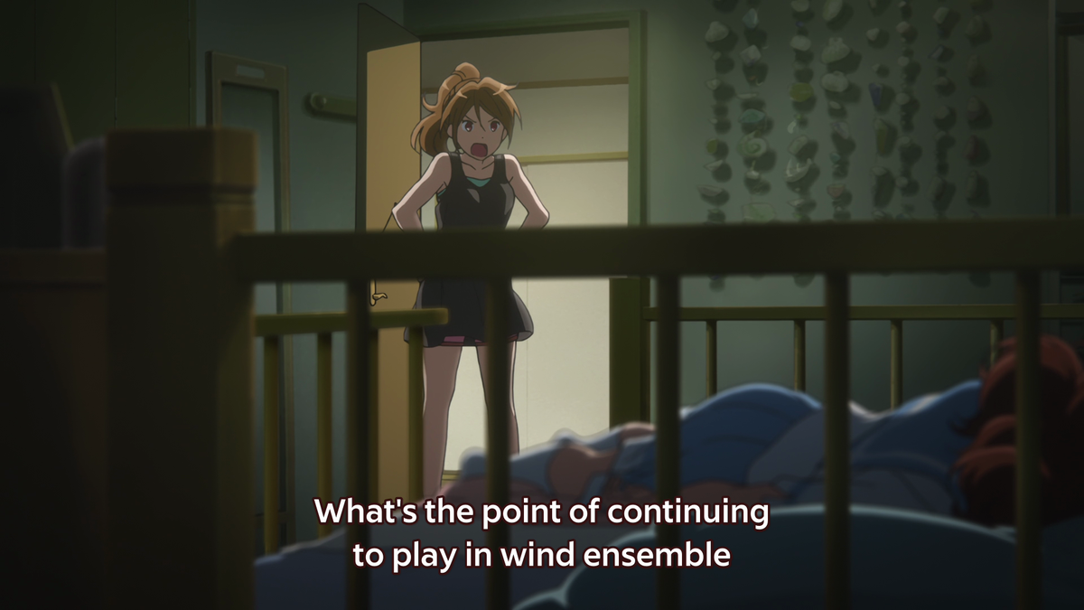 This is the moment where Kumiko breaks free from the boxes and prisons we've seen throughout the entirety of the episode. She confronts her sister and the visuals show her head moving above the bars as she admits her love for the euphonium!