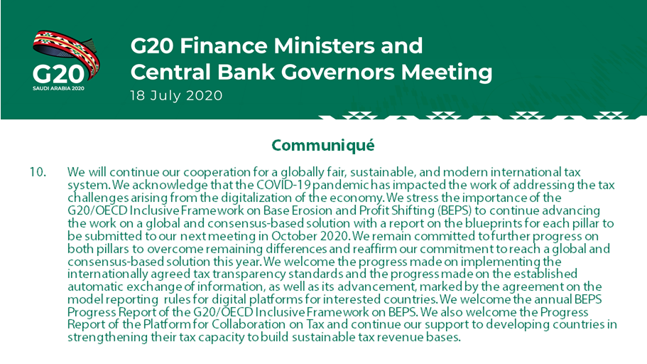 OECDtax's tweet photo. 🗨️ "We will continue our cooperation for a globally fair, sustainable, and modern international tax system."

Addressing the #tax challenges of the digitalisation of the economy remains one of the @G20org's top priorities. 

📄 Full #G20 FinMin communiqué: https://t.co/rjeszwM5QG https://t.co/Lwgh6BYn7Y