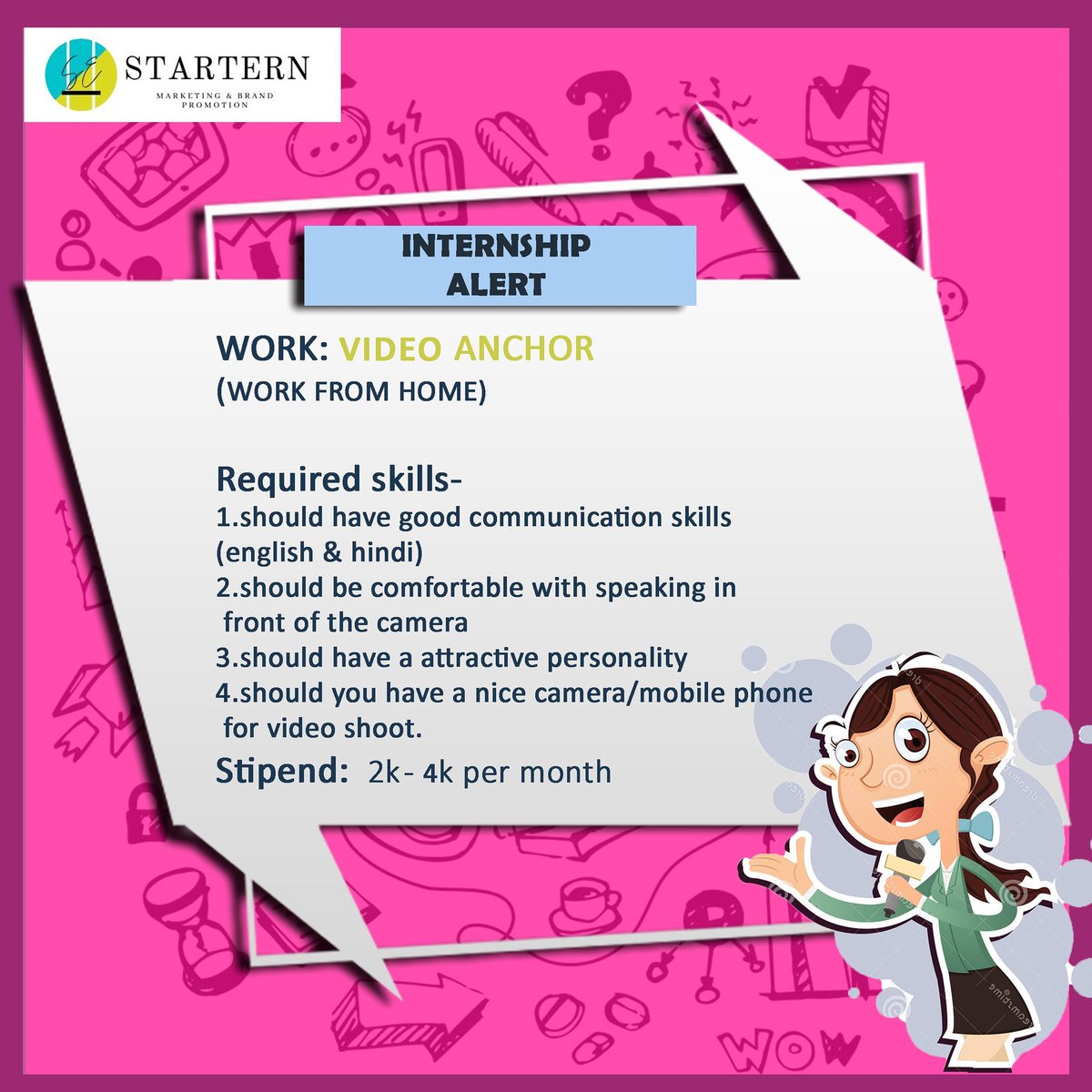 Infostartern1's tweet photo. We are looking to offer Internship for the position of Video Anchor for the YouTube channel.

#startern #videoanchor #internshipalert #workfromhome #learnsomethingnew #everdayworkspace #Internshipstudent #skilltraining #videostar #startups https://t.co/WzgZ1xwOyS