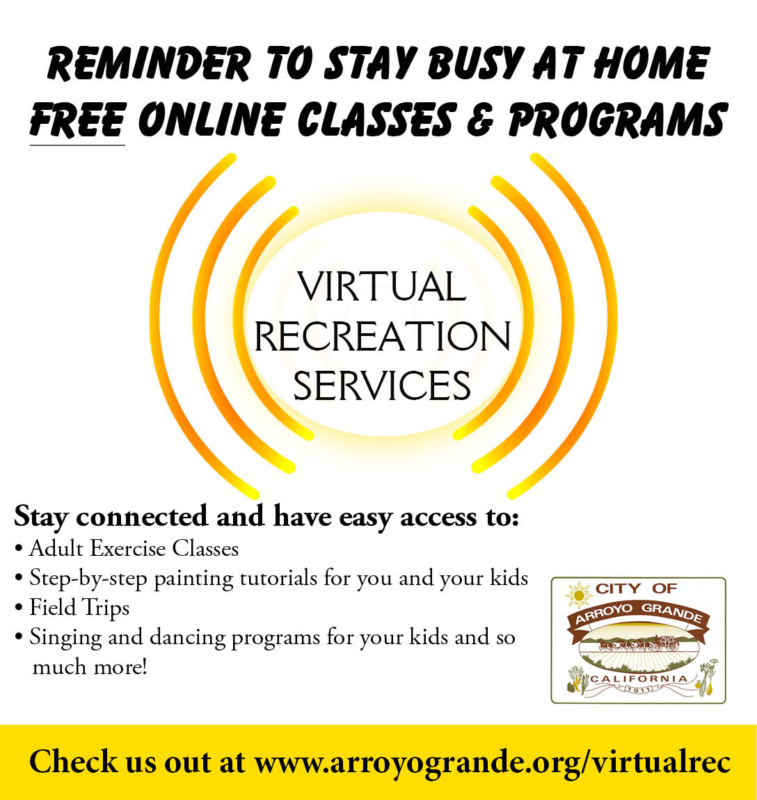 ArroyoGrandeCA's tweet photo. Free Online Classes and Programs on our City of Arroyo Grande Virtual Recreation Programming.  Check it out at https://t.co/cm00ucE6Lw

#parksmakelifebetteragstyle #agrec #arroyogrande #virtualrecreation #onlinefieldtrips #artclasses #exerciseclasses #singing https://t.co/uQhXBnyHbx