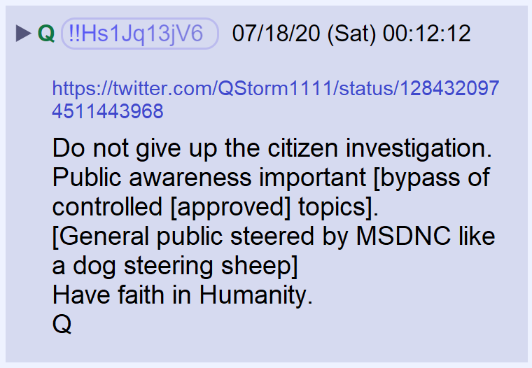 31) Q told anons to continue researching these connections as the mainstream media will not expose them and public awareness is important.