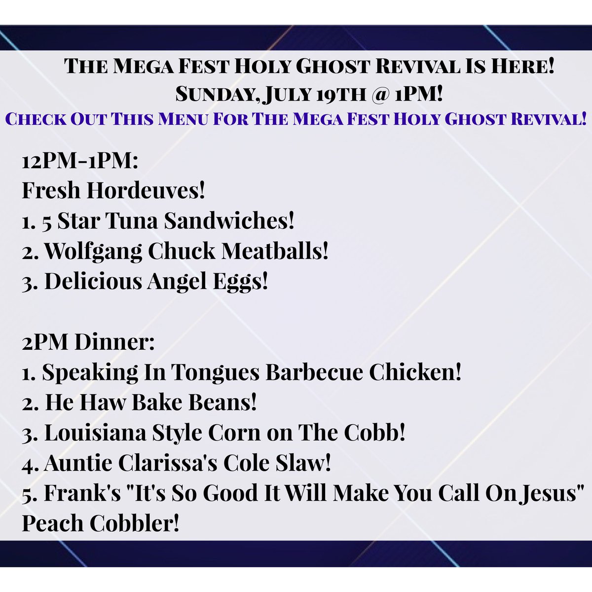 BishopKLSmith's tweet photo. **CHECK OUT THE MEGAFEST HOLY GHOST REVIVAL MENU!! It’s Going To Be A Godly Good Time!! 
#BKLS #GBOCTATL #XTREMEFAITH https://t.co/QNUg8QnKOx