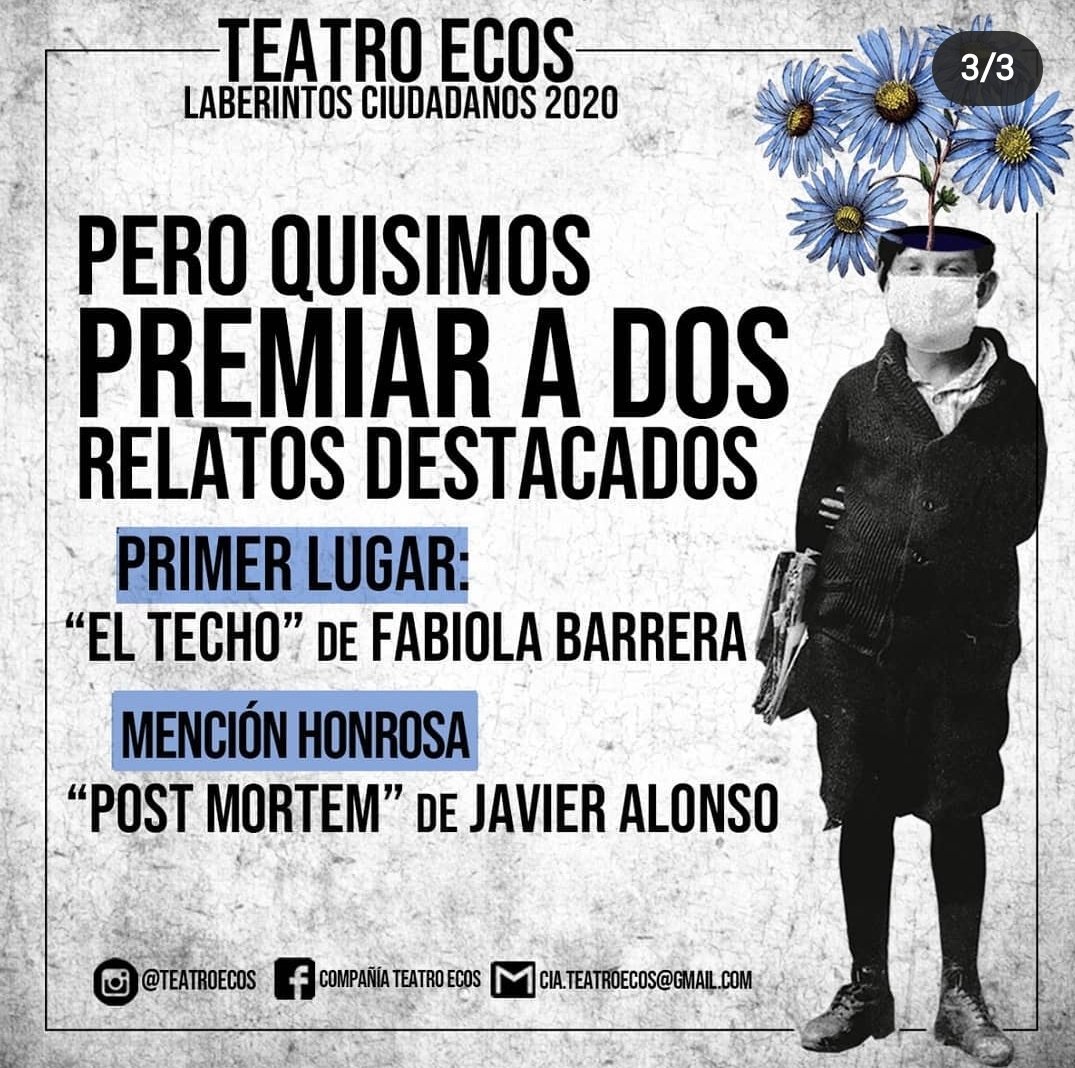 teatroecos's tweet photo. Ya tenemos  los ganadores de nuestra Convocatoria Laberintos Ciudadanos 2020...🥁🥁🥁
El premio al relato destacado es para Fabiola Barrera por su texto El Techo🏆🏆🏆 
Mención Honrosa para Javier Alonso Jaque con Postmortem👏👏👏👏  FELICITACIONES!!! https://t.co/giANoNizrz