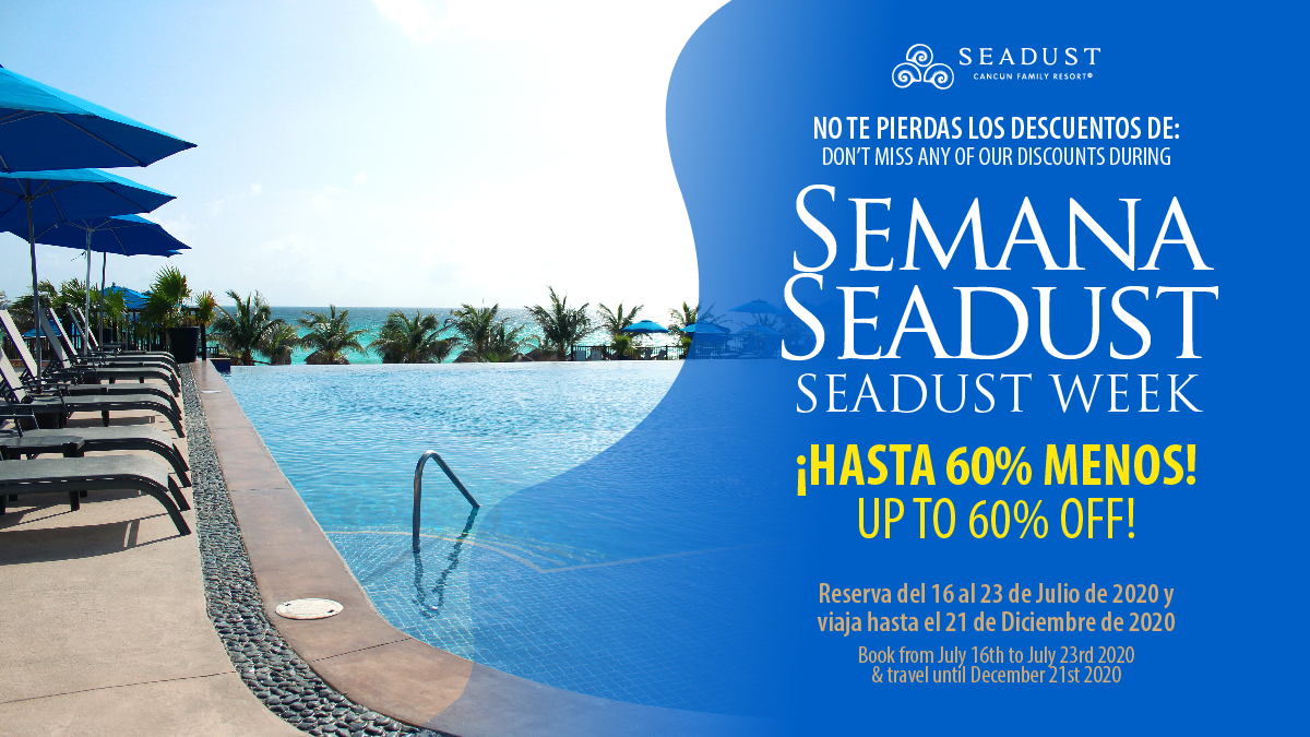 SeadustCancun's tweet photo. ¿Sabías qué esta es la mejor semana del mes para preparar tu viaje?🤩

En la semana #seadust puedes aprovechar hasta 60% de descuento + 2 niños gratis 🛎

TODA LA INFO: https://t.co/OICLJijpin https://t.co/fD2ViXcFCx