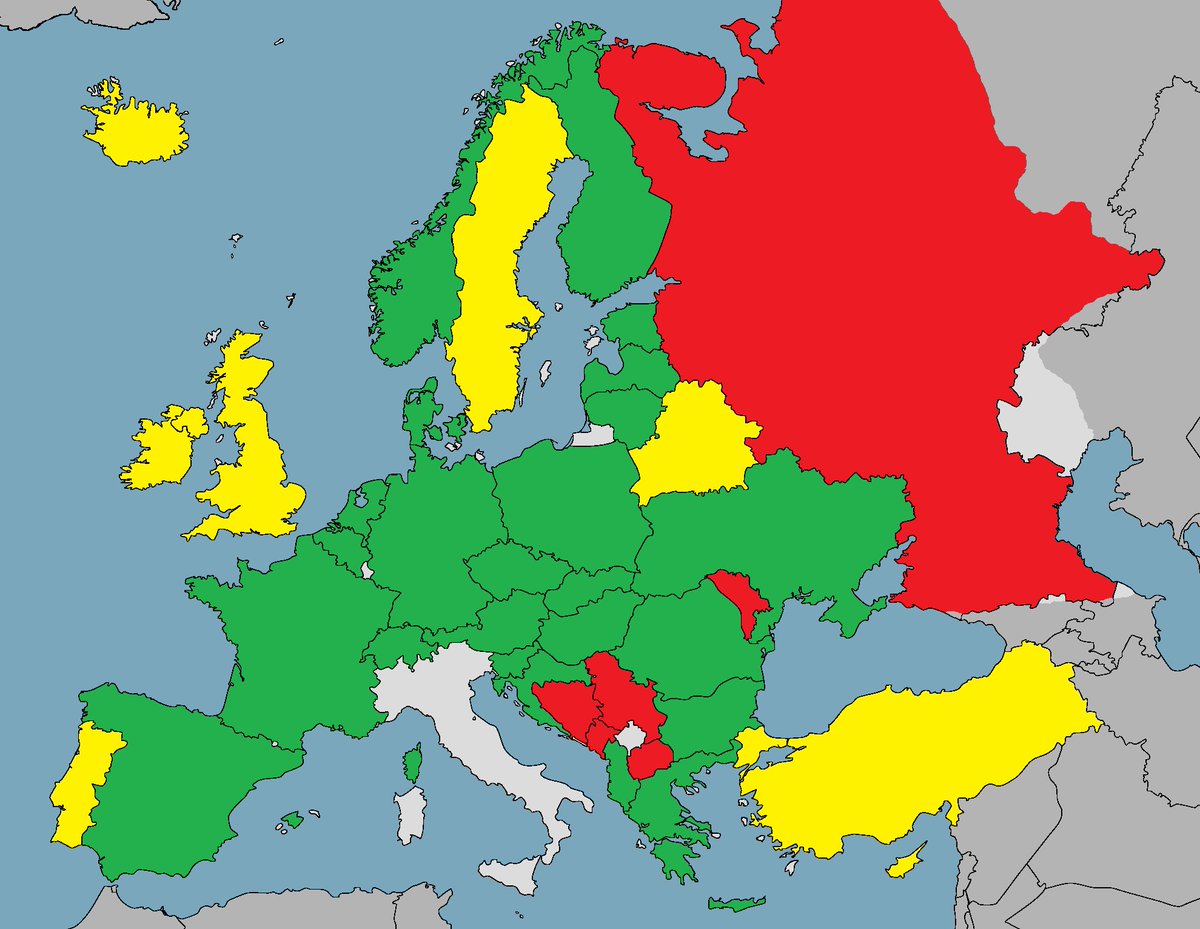 TrebbiaViaggi's tweet photo. Paesi europei aperti ai turisti italiani. 
Il nostro semaforo del viaggiatore: verde = libero accesso;  giallo e rosso = limitazioni più o meno forti. 
Restate aggiornati sui siti Re-open Eu e Viaggiare Sicuri. 
A disposizione per   chiarimenti. https://t.co/Q1hdg9a33s