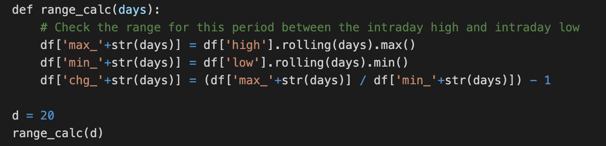 There are several ways to define a sideways market. My calculation is simple. I used intervals of 20 days, got the high and the low of this period and checked the percentage difference between them. Code below.Full code is available in a Jupyter notebook at end of thread.