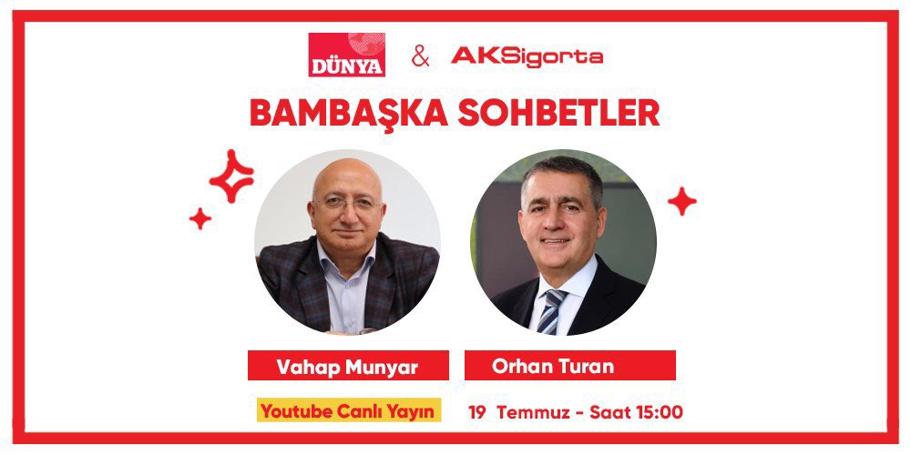 📲#TÜRKONFED Başkanı <a href="/_ORHANTURAN/">Orhan TURAN</a>, Bambaşka Sohbetler'de, @dunya_gazetesi Genel Koordinatörü <a href="/VahapMunyar/">Vahap Munyar</a>'ın konuğu oluyor. 
📆19 Temmuz Pazar günü, 
🕒Saat 15:00'da, 
🖥️Dünya Gazetesi Facebook, YouTube ve Scope hesaplarından izleyebilirsiniz.
👉bit.ly/dunya-youtube-…