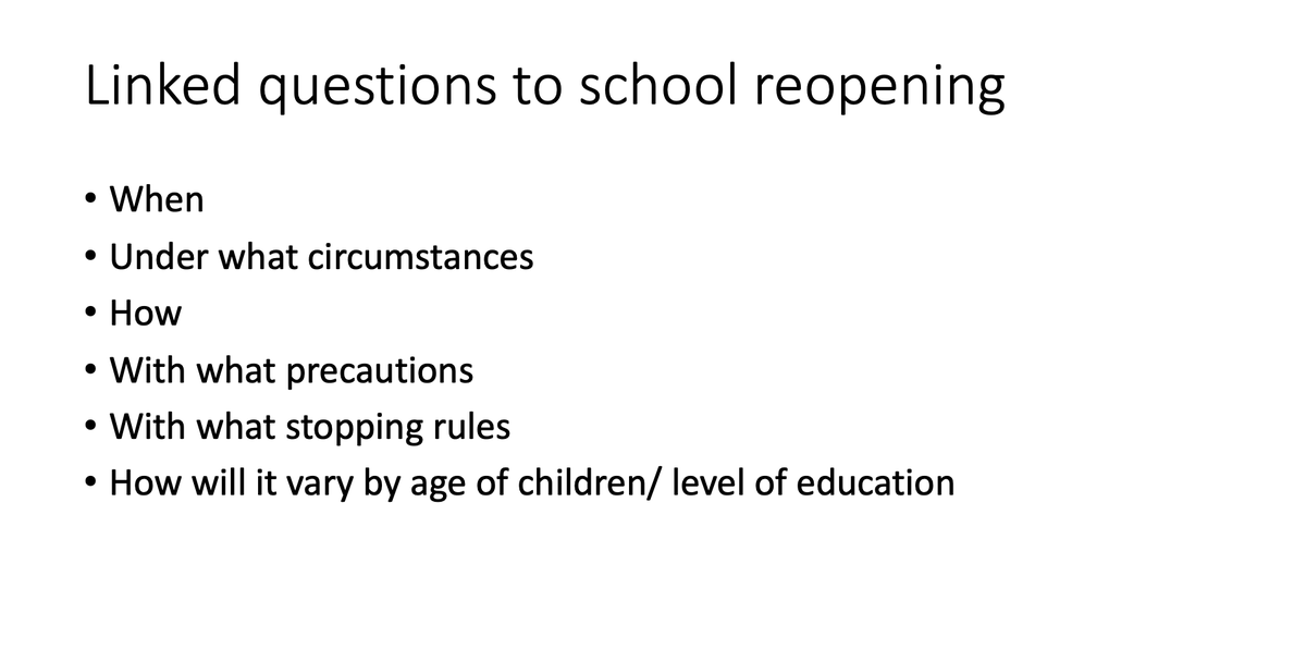 What has happened to give presumably smart people the confidence to tweet an opinion on School Reopening without a proper analysisLet's review what it would take to even HAVE a strong opinion. [THREAD]First, school reopening is at least 6 linked Qs